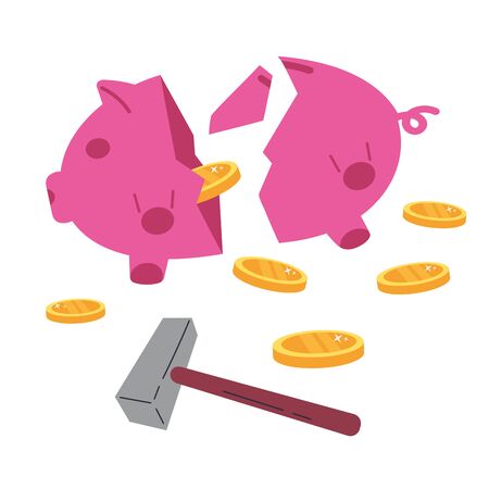 Coronavirus pandemic.Novel virus 2019-nCoV.Broken piggy bank with savings.Concept of coronavirus economic crisis during quarantine.Broken piggy bank with coins and hammer.Flat vector illustration.のイラスト素材