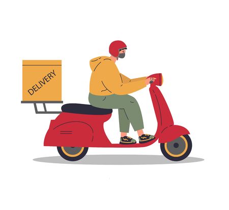 Coronavirus.Novel virus 2019-nCoV.Delivery of food.A young courier in medical mask deliver the products ordered online on a scooter.Concept of coronavirus quarantine vector illustration.Flat characterのイラスト素材
