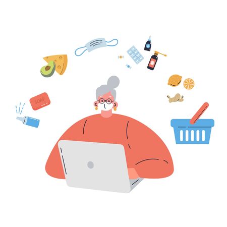 Coronavirus pandemic.Novel virus 2019-nCoV.Old women buys products online during quarantine in a protective white mask.Coronavirus quarantine.Colorful vector illustration in flat cartoon style.のイラスト素材