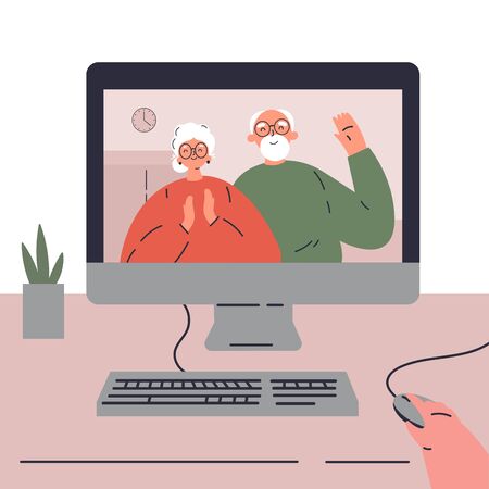 Coronavirus pandemic.Novel virus 2019-nCoV.Video conference landing.Communication with grandparents during coronavirus quarantine via video call.Vector colorful illustration.Flat cartoon characterのイラスト素材