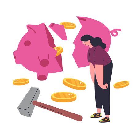 Concept of coronavirus economic crisis during quarantine.Novel virus 2019-nCoV.A woman smashed a savings piggy bank with a hammer because of the crisis.Piggy bank with coins.Flat vector illustration.のイラスト素材