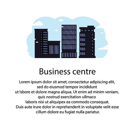 Black business centers buildings and modern city houses.Towers and buildings on the sky background.Template for your text.Flat cartoon design isolated on white background.Colorful vector illustration.のイラスト素材