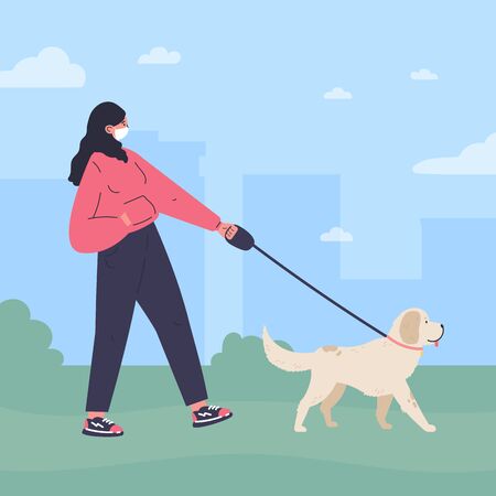 Woman in white medical mask walking a dog in the park.Quarantine walk.Healthy active lifestyle.Flat cartoon character.Colorful vector illustration.のイラスト素材