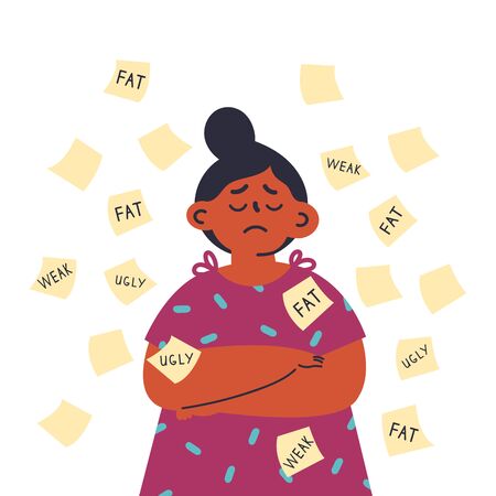 Bullying among teenagers.Sad girl with offensive inscriptions on stickers.Conflicts between kids,violence at school.Flat cartoon character isolated on white background.Colorful vector illustration.のイラスト素材