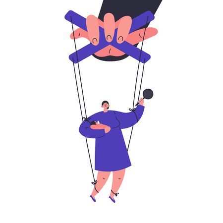 A man manipulates and abuses a woman with baby.Manipulation male hand.Unhealthy toxic relationships in family.Flat cartoon character isolated on white background.Vector colorful illustration.のイラスト素材
