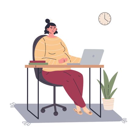  Pregnant woman working remotely during quarantine at home.Working on computer in a child care decree.Happy future mom spends time at home.Vector colorful illustration.Flat cartoon characterのイラスト素材