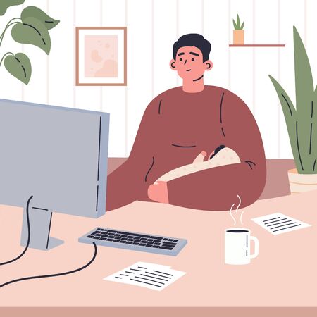 Young father working remotely during quarantine at home.Working on computer in a child care decree.Happy man spends time at home with baby.Vector colorful illustration.Flat cartoon characterのイラスト素材