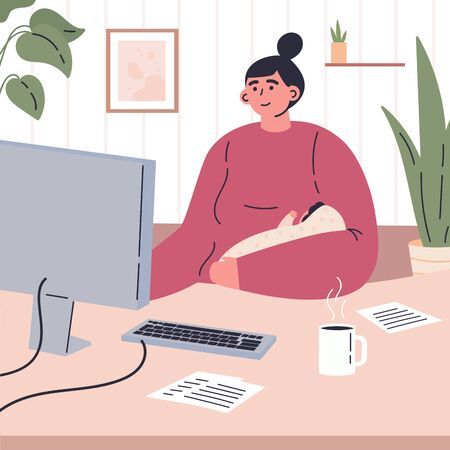 Young mother working remotely during quarantine at home.Working on computer in a child care decree.Happy mom spends time at home with baby.Vector colorful illustration.Flat cartoon characterのイラスト素材