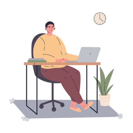 Man working remotely during quarantine at home.Freelancer working on computer.Young man sitting at the desk in his room.Vector colorful illustration.Flat cartoon characterのイラスト素材