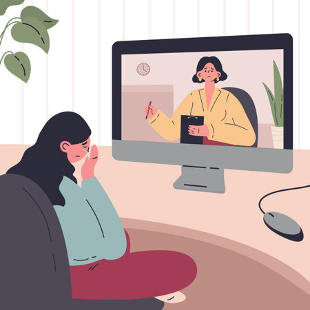Young woman in a session with a psychologist online at home.Woman crying. Psychotherapy practice,psychiatrist consulting patient.Vector colorful illustration.Flat cartoon characterのイラスト素材