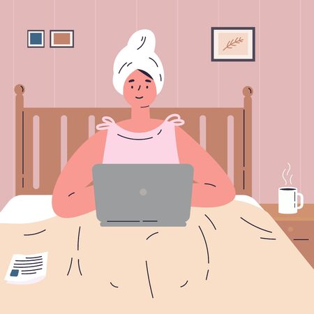 A young woman works remotely from home.The woman is lying on the bed and working on a laptop.Girl is resting in a comfortable bedroom after a shower.Flat cartoon character.Colorful vector illustrationのイラスト素材