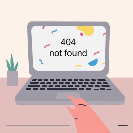 Template for an error page illustration.Page not found.Concept illustration for 404 error.Laptop with error page.A person who cannot load a website or web page.Flat vector colorful illustration.のイラスト素材
