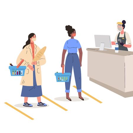 Coronavirus pandemic.Women shopping in a protective masks in a supermarket.Young women with baskets keep their distance from each other.Colorful characters.Vector illustration in flat style.のイラスト素材