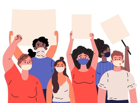 Crowd of protesting people holding banners and placards.Men and women taking part in rally,protest.Group of international male and female protesters or activists in masks.Vector flat illustrationのイラスト素材