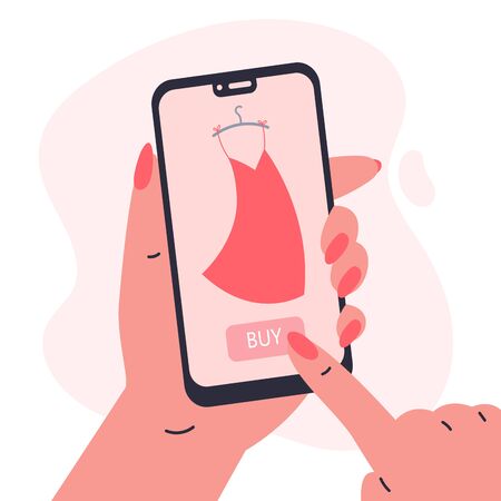 Mobile shopping consept.Woman holding a phone in her hands and shopping in the online store,buys a dress.Shopping on social networks through phone flat style.Online shopping vector illustration.のイラスト素材