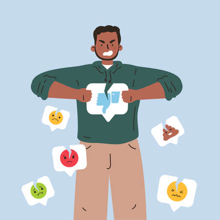 Angry man with broken dislike icon.Man breaks a dislike notification icon with different negative social media emoji around.Addiction to internet validation.Illustration in flat cartoon style.のイラスト素材