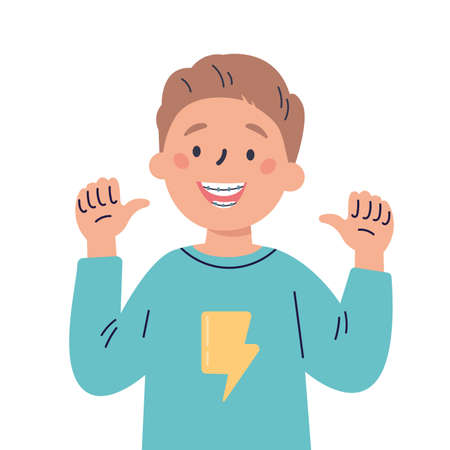 Trendy boy with teeth braces.Dental care.Teenager smiling and showing his smile with dental braces.Vector cartoon illustration isolated on white background.Colorful flat style.Character designのイラスト素材