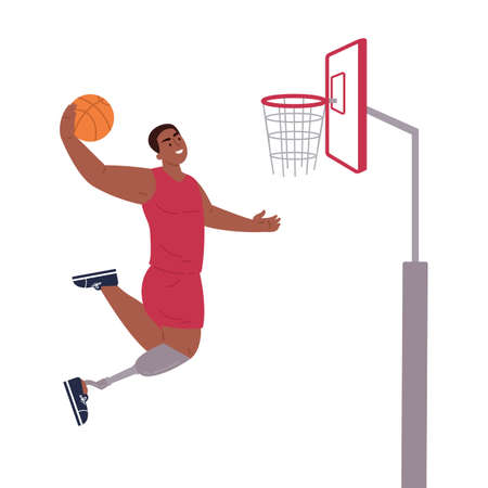 Disabled man with bionic leg.Daily activities and fun.A young man runs,plays basketball,dances.のイラスト素材