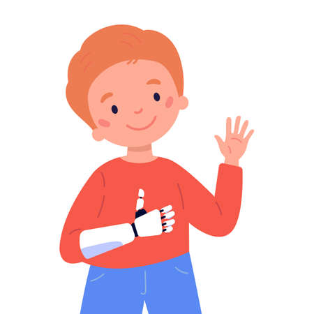 Disabled boy presents a prosthesis.Little kid with artificial limb isolated cartoon character on white background.Happy boy shows Like.Advertising concept.Vector flat style cartoon illustration.のイラスト素材