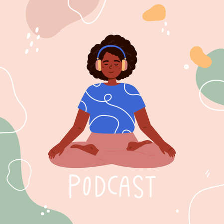 Podcast concept illustration.Young female listening to podcast sitting on the floor.Yoga with podcast app. Cartoon colourful illustration in flat style with lettering.のイラスト素材