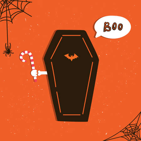 Greeting card with coffin and cobwebs. Halloween party invitations with handwritten calligraphy and grunge paper texture. Boo text. Vector illustration. Poster with traditional symbols.のイラスト素材