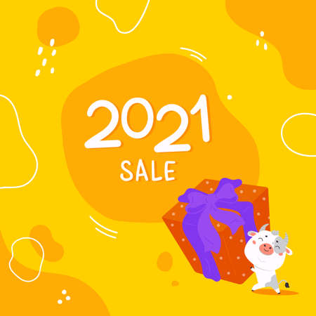 Christmas sale design template.2021 sale.Christmas banner.Xmas cute bull with giant gift and abstract background.New year design of poster, card, headers website.Vector cartoon illustrationのイラスト素材