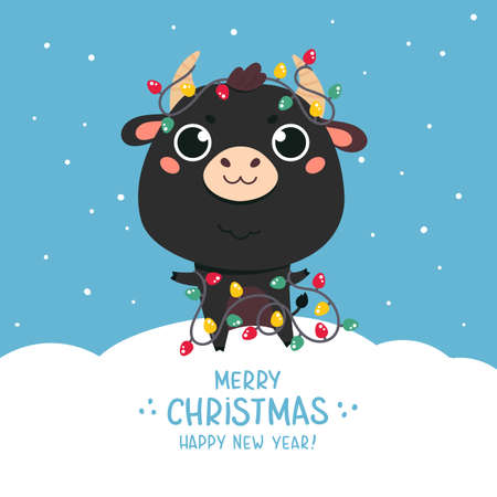Cute cartoon bull.Happy new year cattle with a festive garland.Chinese new year 2021 symbol.Holiday animal for the design of calendars, cards, advertising.Vector illustration in flat style.のイラスト素材