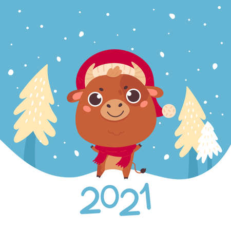 Cute cartoon bull with the Christmas tree. Design for greeting cards, advertising, banners, prints. Xmas card. Merry Christmas and Happy new year 2021. Vector colorfull illustration.のイラスト素材