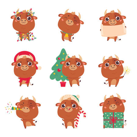 Set of cute cartoon bulls and cows.New year ox with various festive attributes.Chinese new year 2021 symbol.のイラスト素材