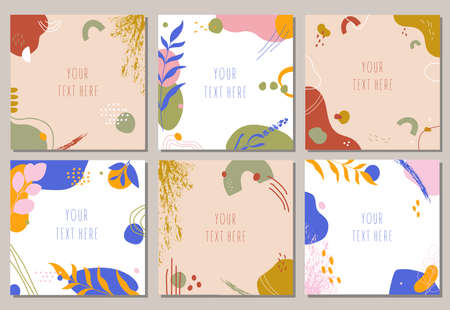Hand drawn abstract backgrounds set.Various shapes and doodle objects.Simple modern trendy background template with copy space for text. Social media stories and post creative vector set.のイラスト素材