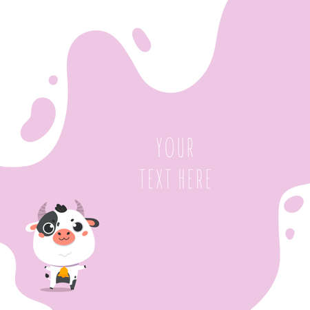 Cute cartoon farm milk animal character on lavander background. Vector funny mascot. Vector Illustration of farm cow for printing on products and packaging containing milk.のイラスト素材