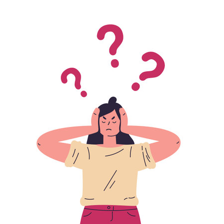 Woman is thinking about problem. Confused young girl with question marks. Vector colorful...