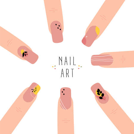 Poster with template fingernails and patterns painted on them. Abstract nail art. Trendy manicure art. Nude nail polish. Vector illustration isolated on white background.のイラスト素材