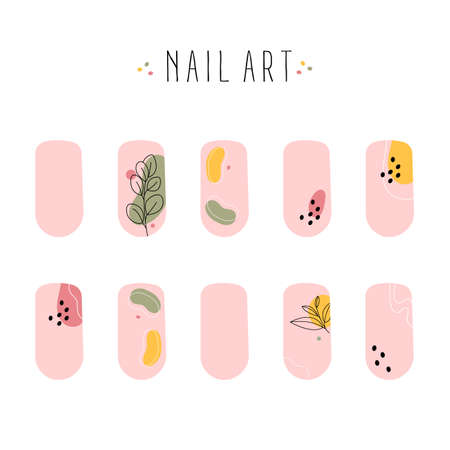 Set of colored painted abstract art nail stickers. Trendy manicure art. Nude nail polish. Vector illustration isolated on white background.のイラスト素材