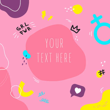 Doodle pattern background with abstract shapes,colors and text. Background on feminist themes. Template design with copy space for text. Brochure cover vector illustration.のイラスト素材