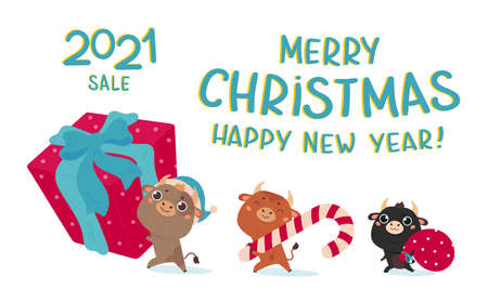 Christmas sale design template.Christmas banner.Xmas cute bulls with giant gift, holiday candy and bag of gifts.New year design of poster, card, headers website.Vector cartoon illustration with font.のイラスト素材