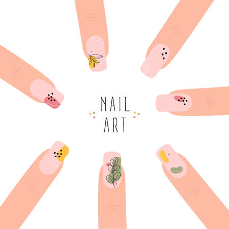 Poster with template fingernails and patterns painted on them. Abstract nail art. Trendy manicure art. Nude nail polish. Vector illustration isolated on white background.のイラスト素材