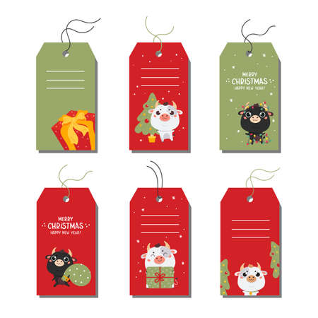 Vector design Christmas greetings elements on white background. Christmas tags set with typography and colorful icon. Paper labels with an ox symbol of 2021.のイラスト素材