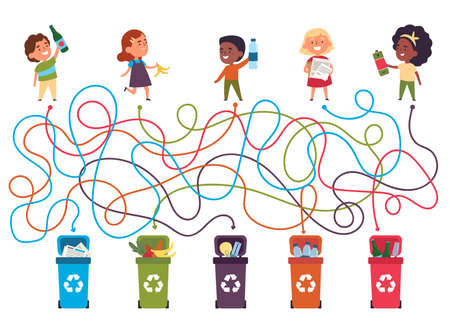 Recycling maze for kids with a solution.Labyrinth game to find way of waste to proper container.Eco and environment friendly education.のイラスト素材