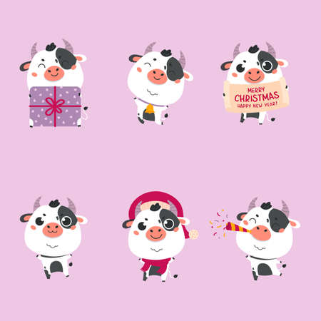 Set of cute silver cartoon bulls and cows.New year ox with various festive attributes.Chinese new year 2021 symbol.Set of holiday animals for the design of calendars, cards, advertising.Vectorのイラスト素材