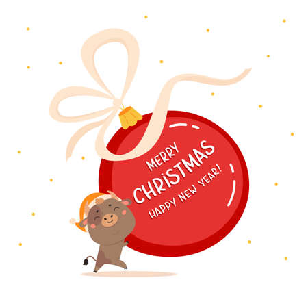 Christmas sale design template.Xmas cute ox with giant Christmas ball with lettering.New year element for design of poster, greeting cards, stickers, banners.Merry Christmas and Happy new year.のイラスト素材