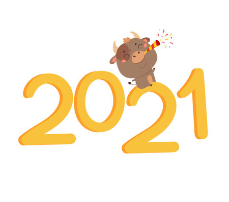 Christmas sale design template. Xmas cute ox with giant lettering 2021 blows a pipe with confetti. New year element for design of poster,greeting cards,stickers,banners. Merry Christmas.のイラスト素材