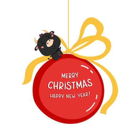 Christmas sale design template. Xmas cute ox with giant Christmas ball with lettering. New year element for design of poster,greeting cards,stickers,banners. Merry Christmas and happy New Year.のイラスト素材