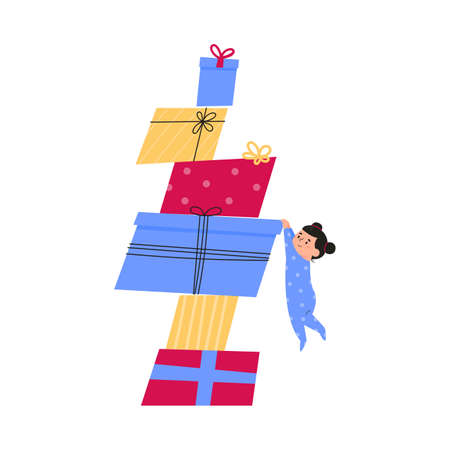 Stacked gift Xmas boxes and baby in flat style. Merry Christmas and Happy New Year.Happy baby holding on to a stack of New Year gifts.Design for greeting cards, stickers, prints. Vector illustrationのイラスト素材
