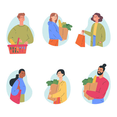 People enjoying shopping set. Person choosing and holding purchase. Happy buyer holding retail goods package boxes, shopping bags and basket. Modern consumers. Flat vector character illustrationのイラスト素材