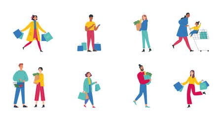 Collection of happy people with shopping bags and carts. Set of different man, woman and child with trolley and shopping bag isolated on white.Young people taking part in seasonal sale at mall.のイラスト素材