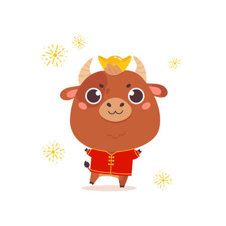 Cute cartoon ox in a traditional costume. Design for greeting cards, stickers, banners, prints. Xmas card. Happy new year 2021. Vector colorfull illustration with abstract background.のイラスト素材