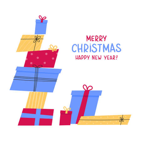 Stacked gift boxes in flat style with lettering. Merry Christmas and Happy New Year. Concept design of holiday discount sale. Design for greeting cards, stickers, prints. Vector illustrationのイラスト素材