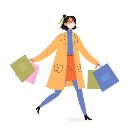 Young attractive fashionable woman holding packages with clothes after shopping. Shopping concept. Happy woman with bags in protective mask. Modern vector illustration in flat style.のイラスト素材