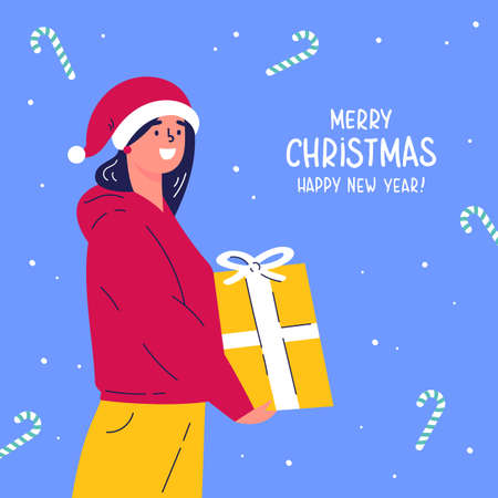Young woman with Christmas present. Girl in a New Year costume and hat. Holiday character design. Design for greeting cards, stickers, prints. Vector colorful illustration in flat style with letteringのイラスト素材